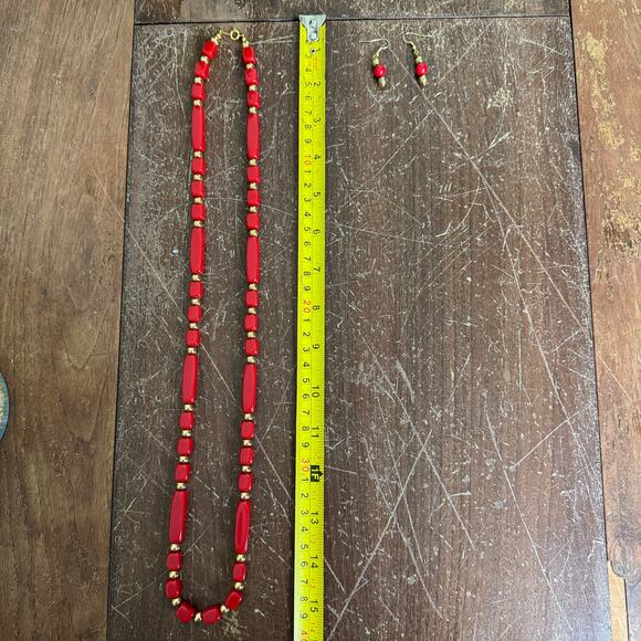 Artisan Made Red & Gold Bead statement necklace and dangle earring set - Picture 6 of 6